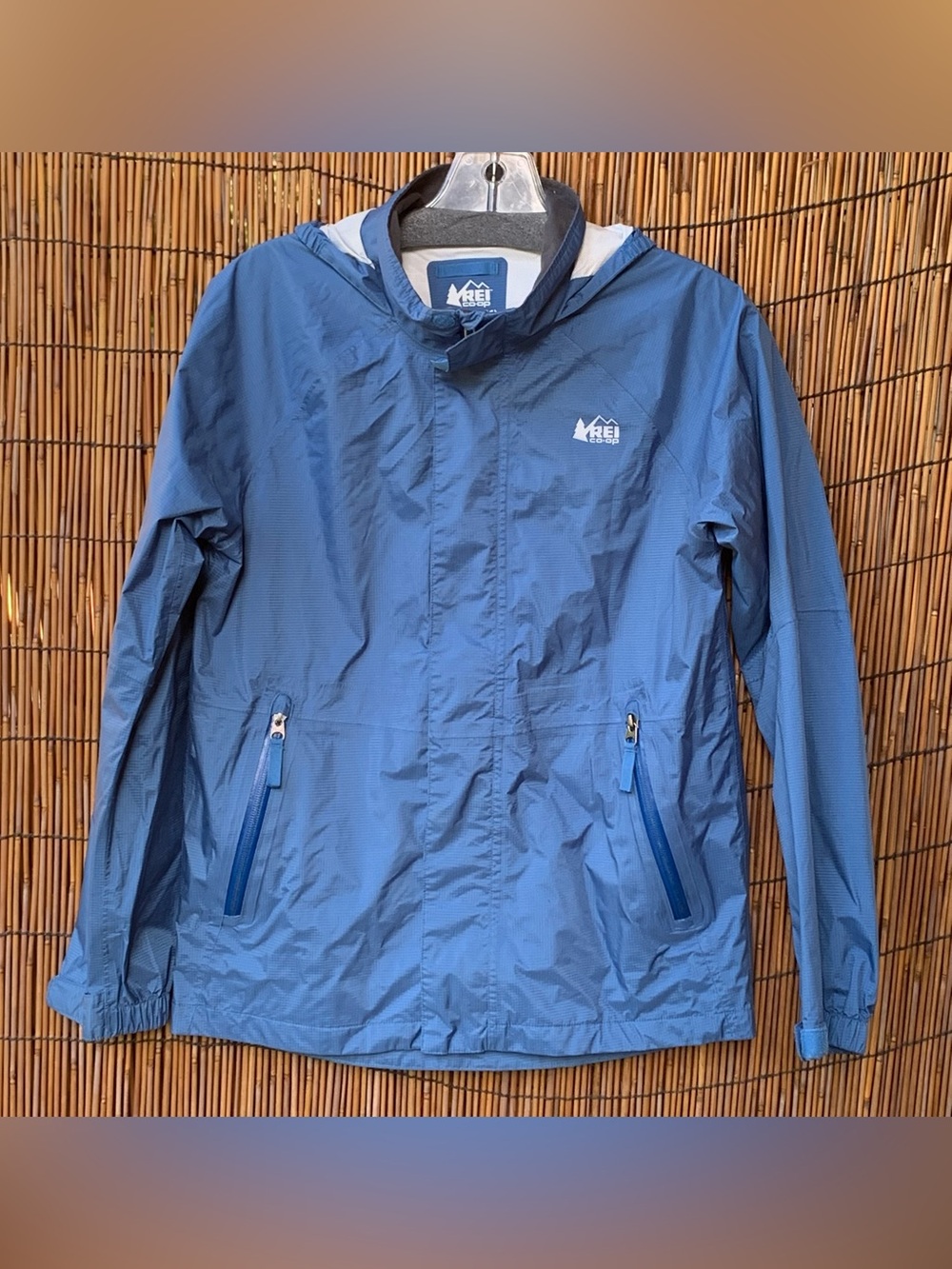 REI Kids' Blue Hooded Raincoat with Zip Pockets Unisex Youth Large (14-16)